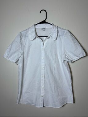 NWT J. Crew Factory White Cotton Blouse Women's Large Puff Sleeve Ruffle Collar